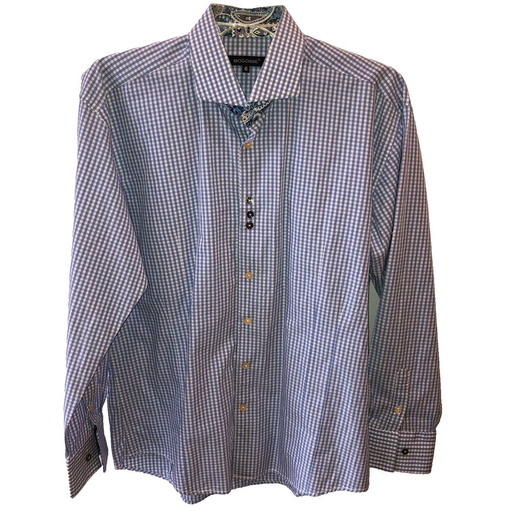 Bogosse Mens Size 6 XXL Blue Gingham Long Sleeve Button Up Collared Dress Shirt